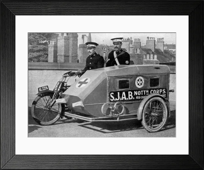 Framed Print : A Red Cross Ambulance with motor-cycle attached