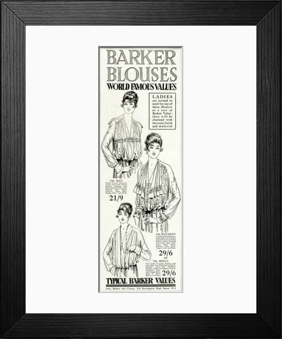 Framed Print : Advert for Barkers of Kensington blouses 1918 Framed Print : Advert for Barkers of Kensington blouses 1918