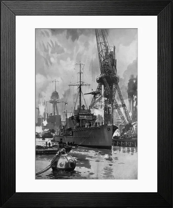 Framed Print : A New Tooth - hoisting new gun into a destroyer, WWI