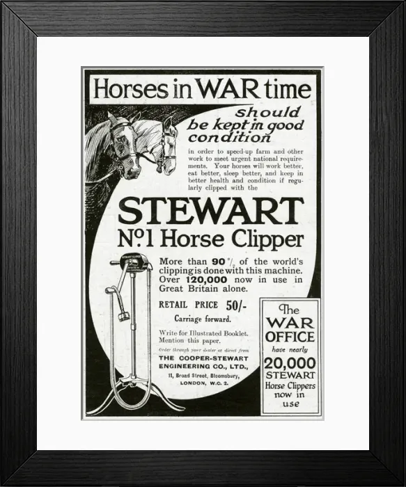 Framed Print : Advert for Copper-Stewart horse clipper 1918 Framed Print : Advert for Copper-Stewart horse clipper 1918