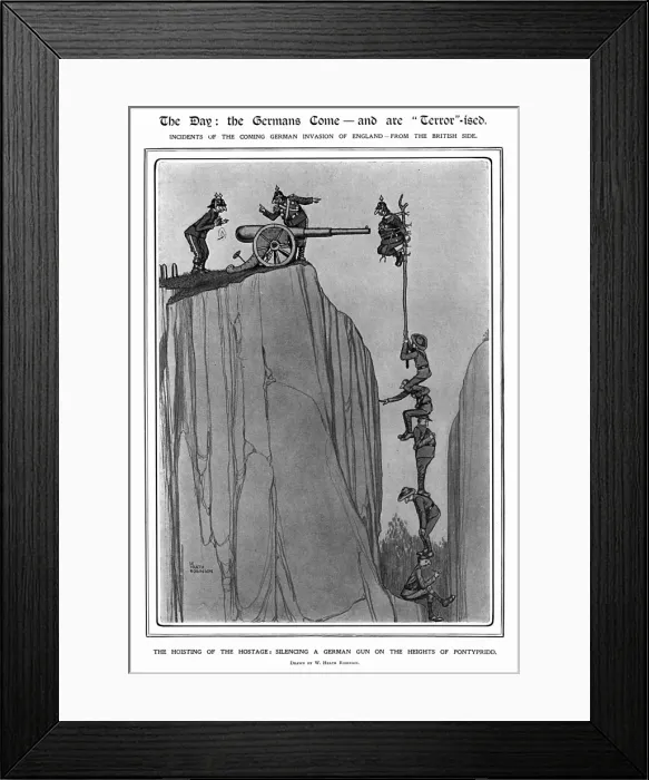 Framed Print : The Day, Heath Robinson - the hoisting of the hostage Framed Print : The Day, Heath Robinson - the hoisting of the hostage