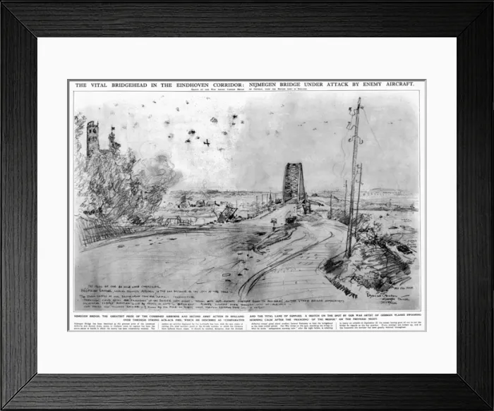 Framed Print : Nijmegen Bridge under attack by enemy aircraft, WW2 Framed Print : Nijmegen Bridge under attack by enemy aircraft, WW2