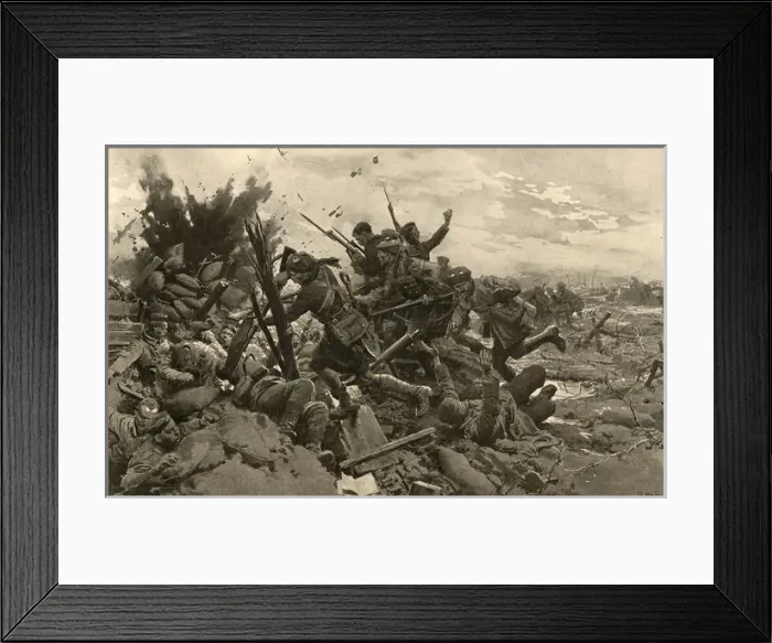 Framed Print : The storming of the trenches round Loos by Fortunino Matania Framed Print : The storming of the trenches round Loos by Fortunino Matania