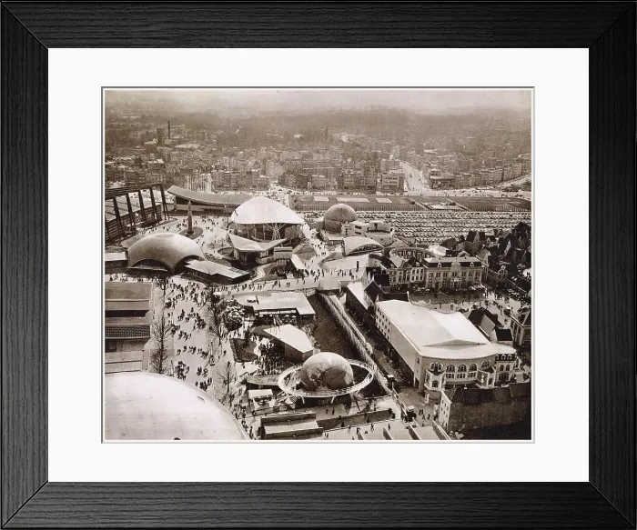 Framed Print : Aerial photograph taken from one of the spheres of the giant Atomium at the Universal and International Exhibition of the Atomic Age. Date: May 1958