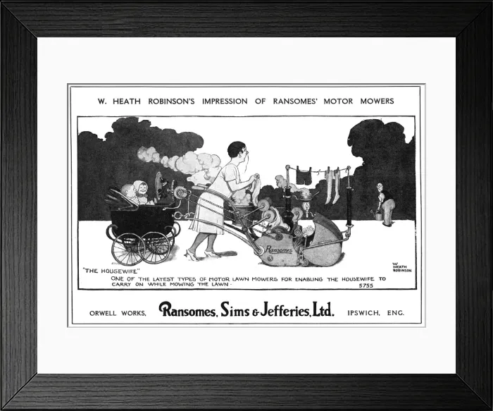 Framed Print : Ransomes, Sims and Jeffries advert by Heath Robinson Framed Print : Ransomes, Sims and Jeffries advert by Heath Robinson