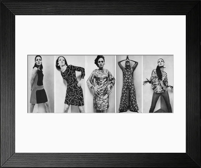 Framed Print : Five fashions from the 1960s. From l-r: Sleeveless plum Framed Print : Five fashions from the 1960s. From l-r: Sleeveless plum