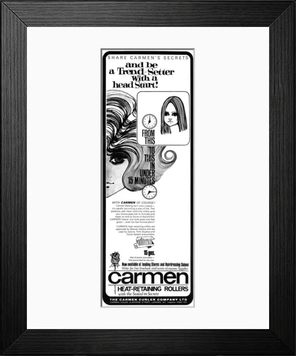 Framed Print : Carmen rollers advertisement, 1965 Framed Print : Carmen rollers advertisement, 1965