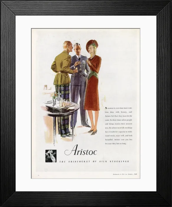 Framed Print : Advertisement for Aristoc silk stockings. An elegant woman talking and enjoying a drink with two officers. The advertisement reads: A woman in war-time must combine duty with beauty, and Aristoc feel that they must do the same Framed Print : Advertisement for Aristoc silk stockings. An elegant woman talking and enjoying a drink with two officers. The advertisement reads: A woman in war-time must combine duty with beauty, and Aristoc feel that they must do the same