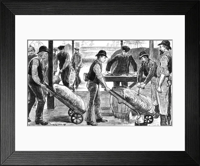 Framed Print : Dockers unload sugar at the West India Docks, London