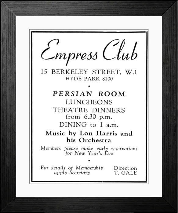 Framed Print : Advertisement for The Empress Club, 13 Berkeley Street Framed Print : Advertisement for The Empress Club, 13 Berkeley Street