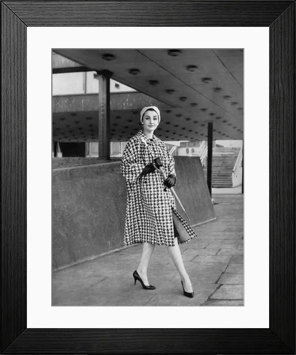 Framed Print : Burberry cotton houndstooth coat and Simone Mirman turban Framed Print : Burberry cotton houndstooth coat and Simone Mirman turban
