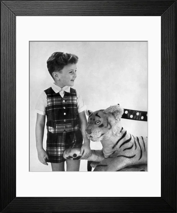 Framed Print : Boy in tartan shorts and waistcoat party outfit 1956