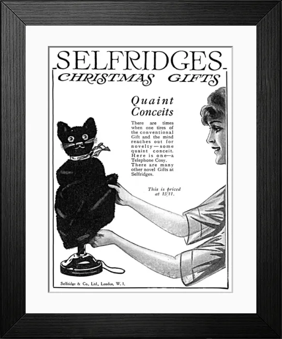 Framed Print : Cat telephone cosy from Selfridges, 1919 Framed Print : Cat telephone cosy from Selfridges, 1919