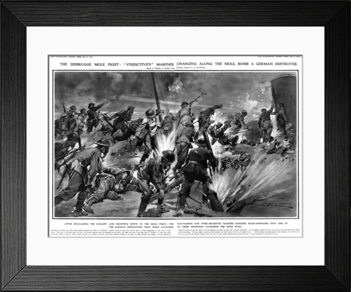 Framed Print : Zeebrugge mole fight: marines charging along the mole, 1918 Framed Print : Zeebrugge mole fight: marines charging along the mole, 1918