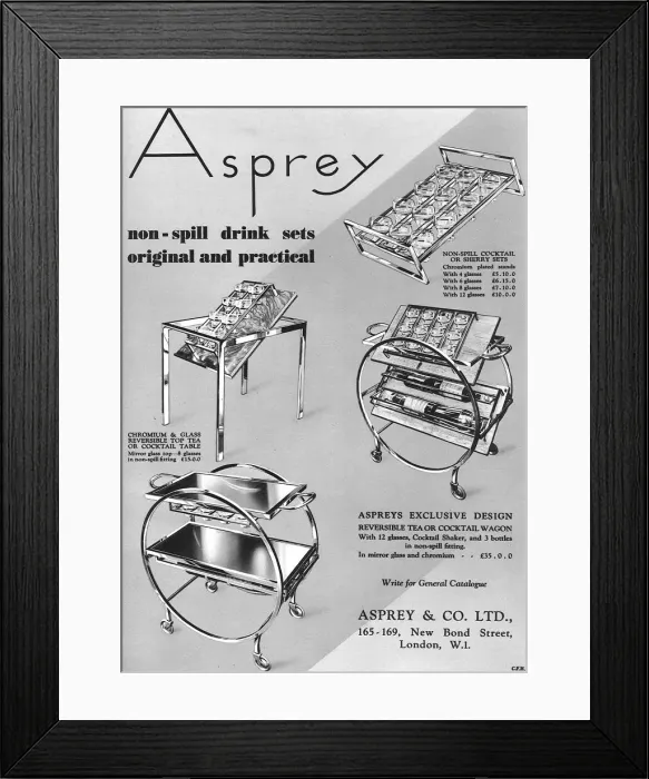Framed Print : Asprey non-spill drink sets and trolleys advertisement, 1935 Framed Print : Asprey non-spill drink sets and trolleys advertisement, 1935