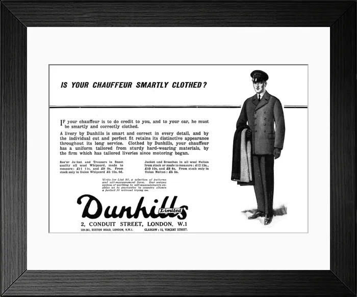 Framed Print : Dunhills for chauffeur uniforms advertisement, 1924