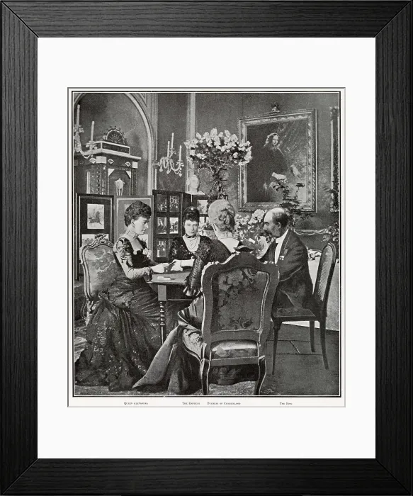 Framed Print : Alexandra of Denmark (consort to Edward VII) in Copenhagen, playing quiet rubber (card game) with her two sisters, Maria Feodorovna, Princess Thyra of Denmark and father Christian IX, King of Denmark. Date: 1903 Framed Print : Alexandra of Denmark (consort to Edward VII) in Copenhagen, playing quiet rubber (card game) with her two sisters, Maria Feodorovna, Princess Thyra of Denmark and father Christian IX, King of Denmark. Date: 1903