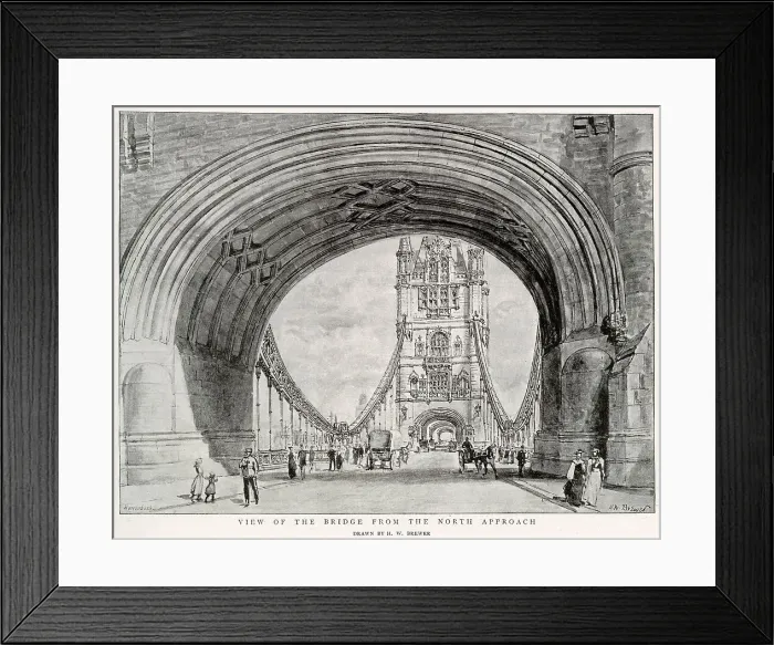 Framed Print : View of Tower Bridge with horse carriages and people walking crossing. Date: 1894 Framed Print : View of Tower Bridge with horse carriages and people walking crossing. Date: 1894