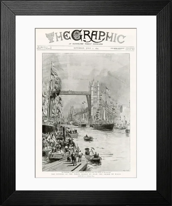 Framed Print : Procession of boats on the River Thames. Passing through the bridge after the raising of the bascules, opened by Prince and Princess of Wales (later Edward VII and Alexandra of Denmark), on behalf of Queen Victoria. Date: 30th June 1894 Framed Print : Procession of boats on the River Thames. Passing through the bridge after the raising of the bascules, opened by Prince and Princess of Wales (later Edward VII and Alexandra of Denmark), on behalf of Queen Victoria. Date: 30th June 1894