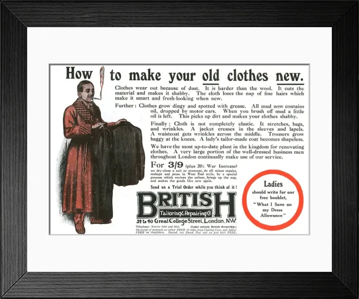 Framed Print : Advertisement for British Tailoring and Repairing, WW1 Framed Print : Advertisement for British Tailoring and Repairing, WW1