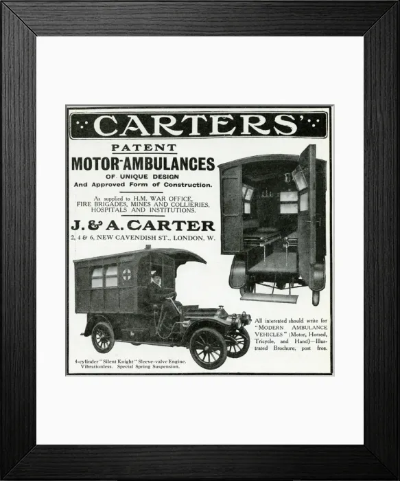Framed Print : Advert for Carters motor-ambulances 1912 Framed Print : Advert for Carters motor-ambulances 1912