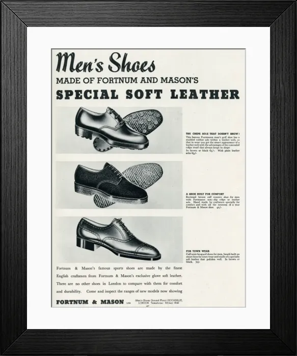 Framed Print : Advert for Fortnum and Mason, mens shoes 1935 Framed Print : Advert for Fortnum and Mason, mens shoes 1935