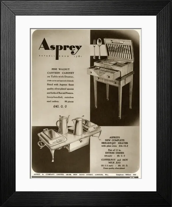 Framed Print : Advert for Asprey walnut cutlery cabinet & breakfast heater Framed Print : Advert for Asprey walnut cutlery cabinet & breakfast heater