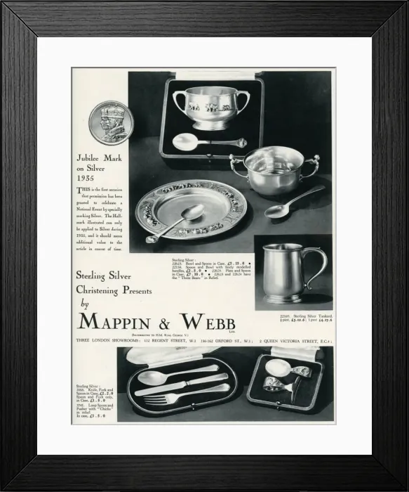 Framed Print : Advert for Mappin & Webb christening presents 1935 Framed Print : Advert for Mappin & Webb christening presents 1935