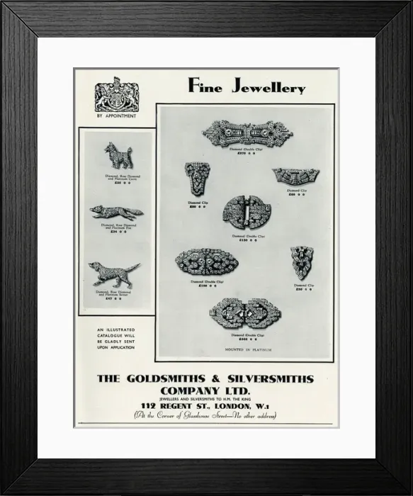 Framed Print : Advert for Goldsmiths & Silversmiths fine jewellery 1935 Framed Print : Advert for Goldsmiths & Silversmiths fine jewellery 1935