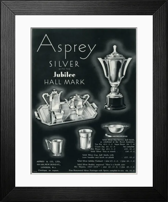 Framed Print : Advert for Asprey silver with Jubilee hall mark 1935 Framed Print : Advert for Asprey silver with Jubilee hall mark 1935