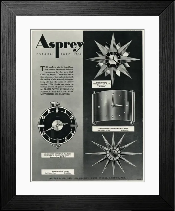 Framed Print : Advert for Asprey sunburst clocks 1934