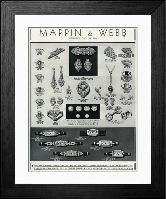 Framed Print : Advert for Mappin & Webb fine jewellery 1934 Framed Print : Advert for Mappin & Webb fine jewellery 1934