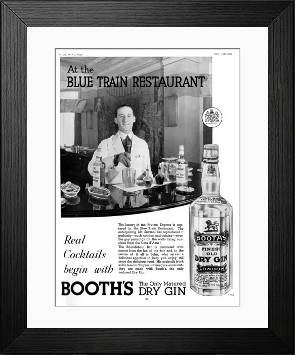 Framed Print : Booths Gin advertisement - the Blue Train restaurant Framed Print : Booths Gin advertisement - the Blue Train restaurant