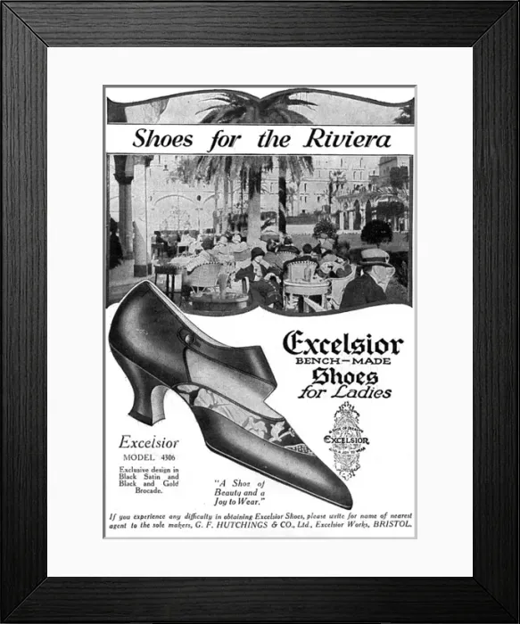 Framed Print : Shoes to wear on the Riviera - Excelsior advertisement, 1925
