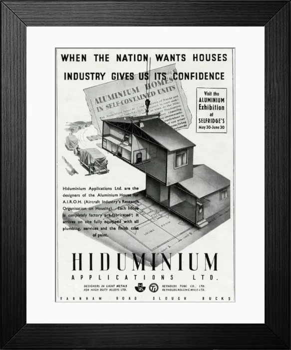 Framed Print : Advert for the development of Hiduminium houses 1945