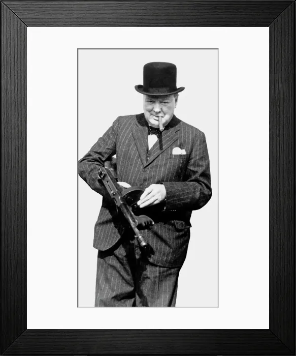 Framed Print : Winston Churchill Holding a Sub-Machine Gun Framed Print : Winston Churchill Holding a Sub-Machine Gun