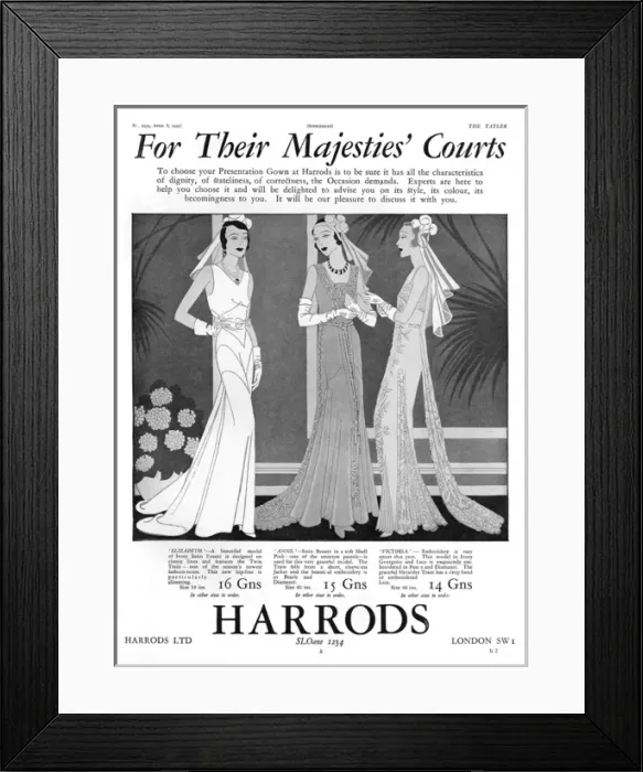 Framed Print : Harrods advertisement, presentation gowns for 1931 Framed Print : Harrods advertisement, presentation gowns for 1931