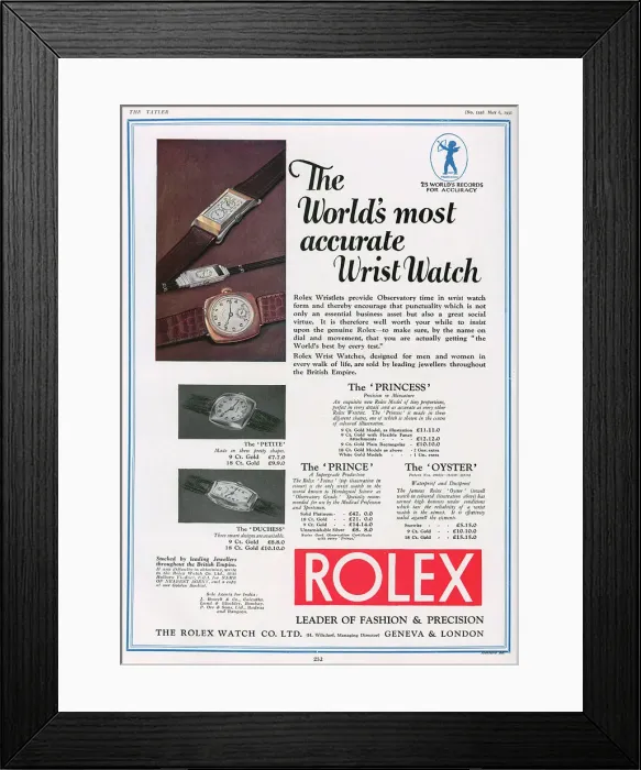 Framed Print : Rolex wrist watch advertisement, 1931 Framed Print : Rolex wrist watch advertisement, 1931