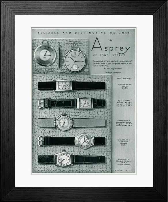 Framed Print : Advert for Asprey mens leather wrist watches 1938 Framed Print : Advert for Asprey mens leather wrist watches 1938