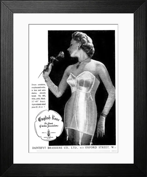Framed Print : Advert for English Rose dream corselette, 1952