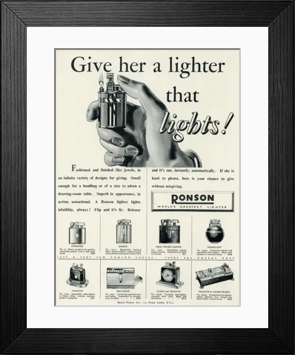 Framed Print : Advert for Ronson lighters 1938 Framed Print : Advert for Ronson lighters 1938