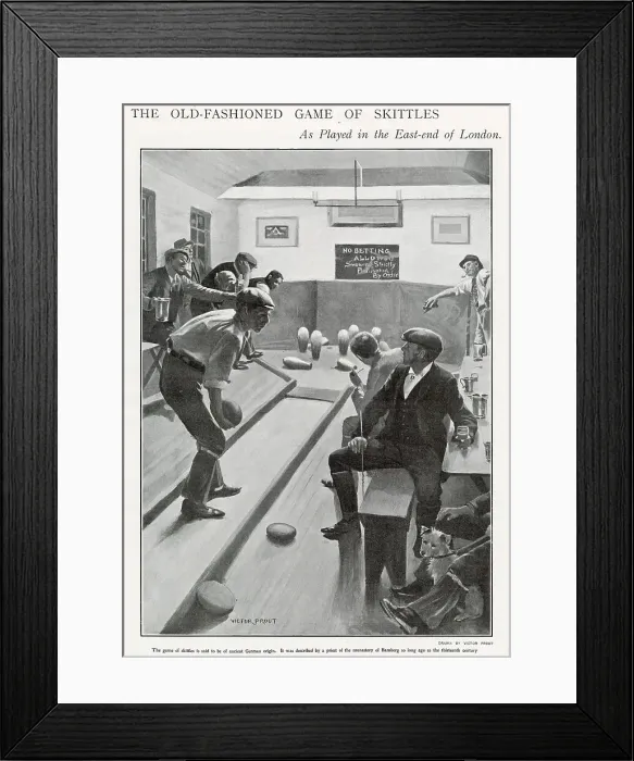 Framed Print : Men playing Skittles inside in the East End, London pub. Date: 1903 Framed Print : Men playing Skittles inside in the East End, London pub. Date: 1903