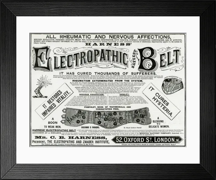 Framed Print : Advert for Harness Electropathic corset belts 1891 Framed Print : Advert for Harness Electropathic corset belts 1891