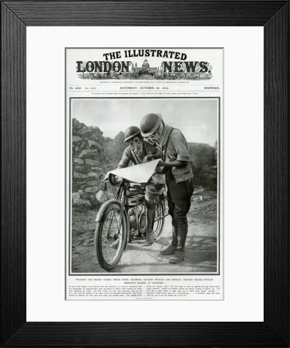 Framed Print : Despatch-riders wearing gas-masks under their steel helmets