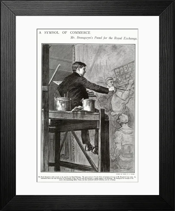 Framed Print : Artist Frank Brangwyn painting a panel at the Royal Exchange, London, representing commerce. Date: 1903 Framed Print : Artist Frank Brangwyn painting a panel at the Royal Exchange, London, representing commerce. Date: 1903