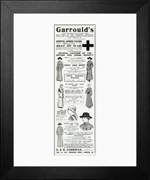 Framed Print : Advert for Garroulds uniforms for nurses 1916