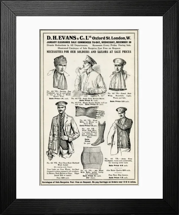 Framed Print : Advert for D H Evans necessities for soldiers and sailors Framed Print : Advert for D H Evans necessities for soldiers and sailors
