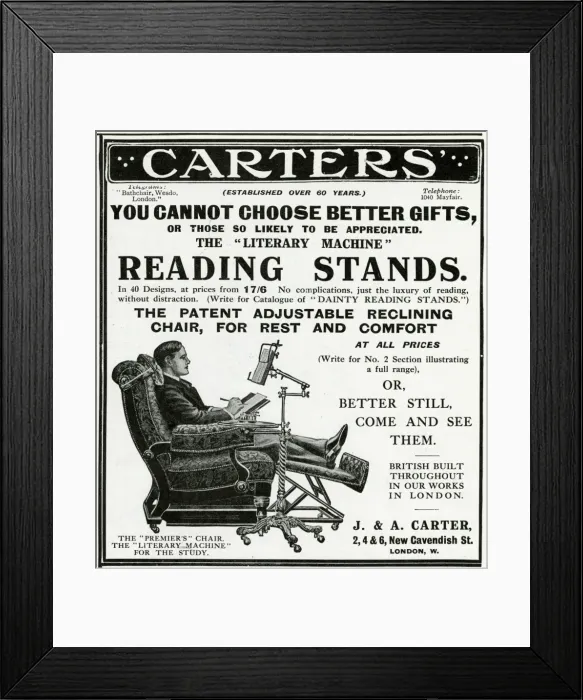 Framed Print : Advert for Carters reading stands 1913 Framed Print : Advert for Carters reading stands 1913