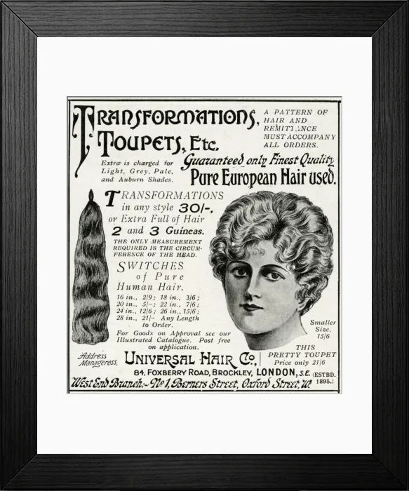 Framed Print : Advert for Universal human hair extensions 1915