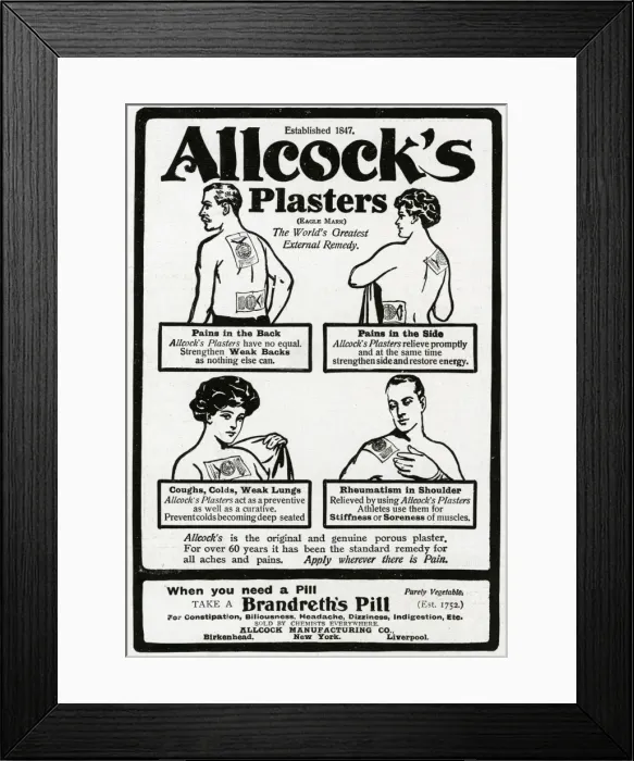 Framed Print : Advert for Allcocks Porous Plasters for aches and pains WWI Framed Print : Advert for Allcocks Porous Plasters for aches and pains WWI